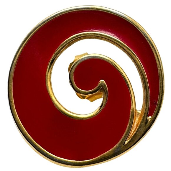 Monet Red Enamel Swirl Design Stud Pierced Earrings Gold-Tone Metal Vtg 1980s - Picture 2 of 6